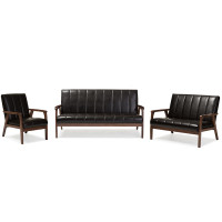 Baxton Studio BBT8011A2-Brown 3PC Set Nikko Mid-century Dark Brown Faux Leather 3 Pieces Living Room Sets